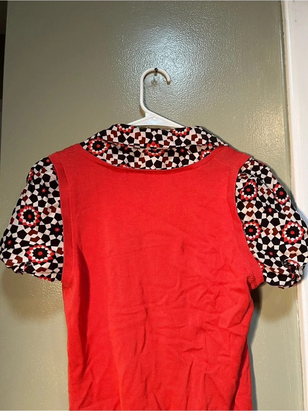 Tory Burch Women's Size Medium Twofer Sweater Blouse Coral Geometric Collared